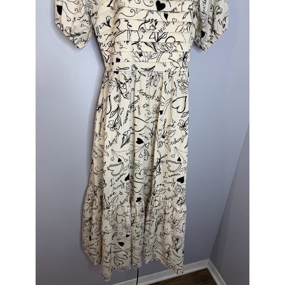 Japna Square Neck Puff Sleeve Midi Dress Black Cream Floral Women's M - Picture 3 of 15
